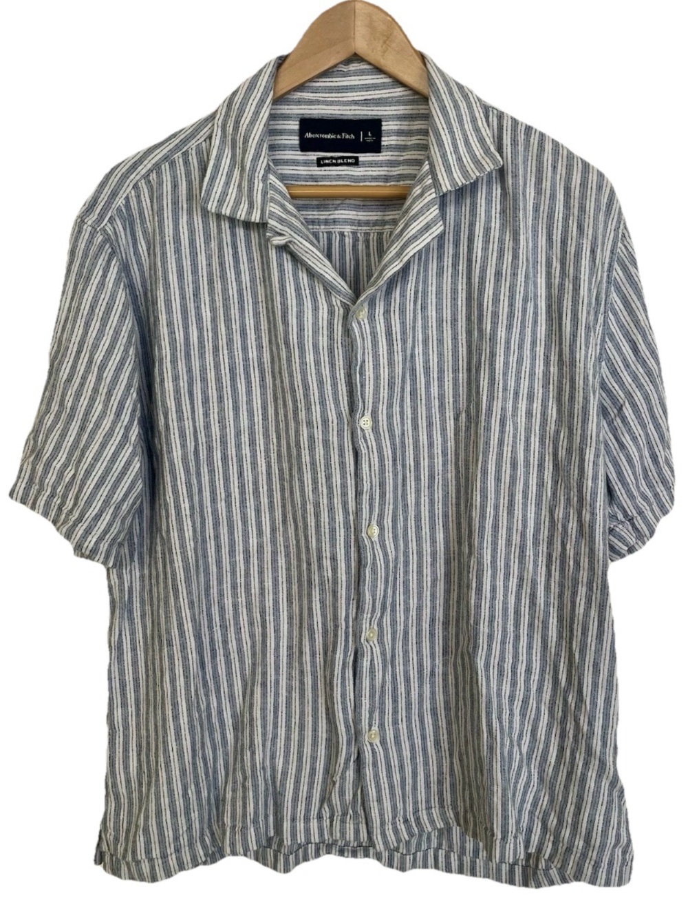 Abercrombie & Fitch Mens Linen Blend Striped Camp Collar Shirt Large Blue White